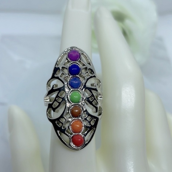 Zen Multicolored  Stone Silver Ring - Picture 8 of 10